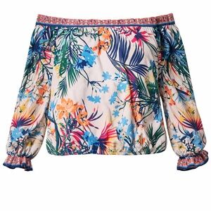 Flying Tomato Cream Off-Shoulder Tropical Floral Blouse